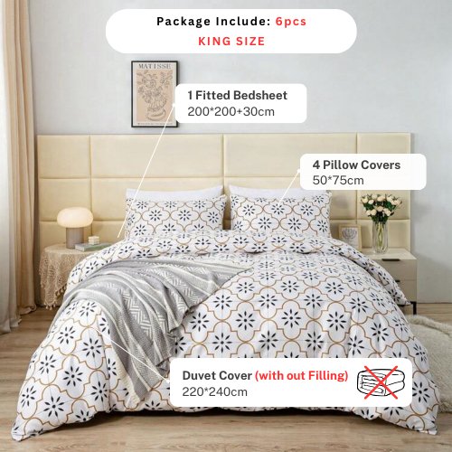 King size 6 piece duvet cover set modern tile print bedding set white. - BusDeals