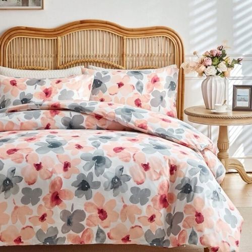 King size 6 piece duvet cover set pink and gray floral print. - BusDeals