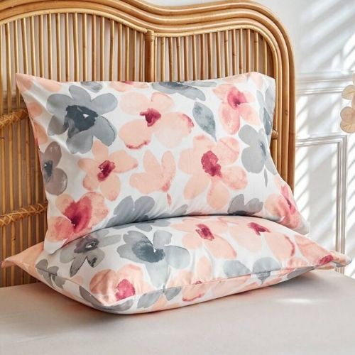 King size 6 piece duvet cover set pink and gray floral print. - BusDeals