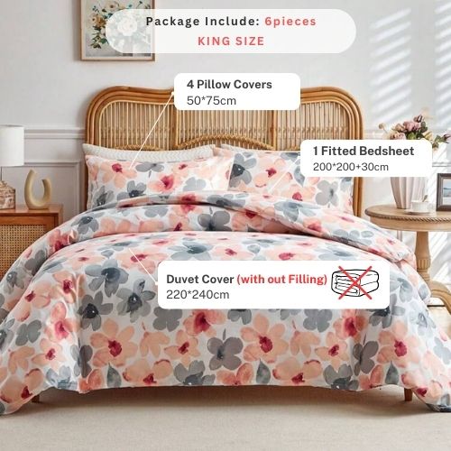 King size 6 piece duvet cover set pink and gray floral print. - BusDeals