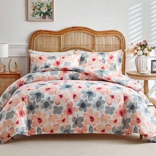 King size 6 piece duvet cover set pink and gray floral print. - BusDeals