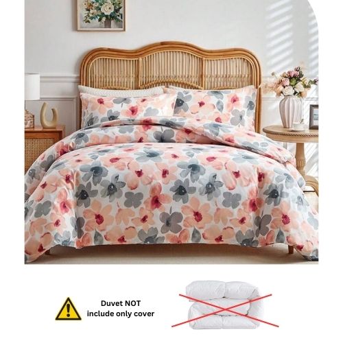 King size 6 piece duvet cover set pink and gray floral print. - BusDeals