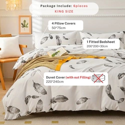 King size 6 piece duvet cover set, white bed linen with gray feathers. - BusDeals