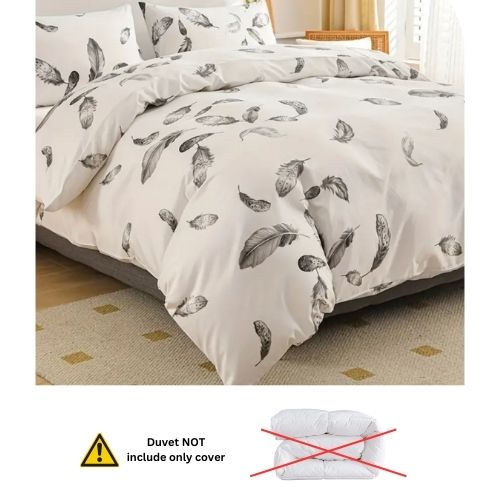 King size 6 piece duvet cover set, white bed linen with gray feathers. - BusDeals