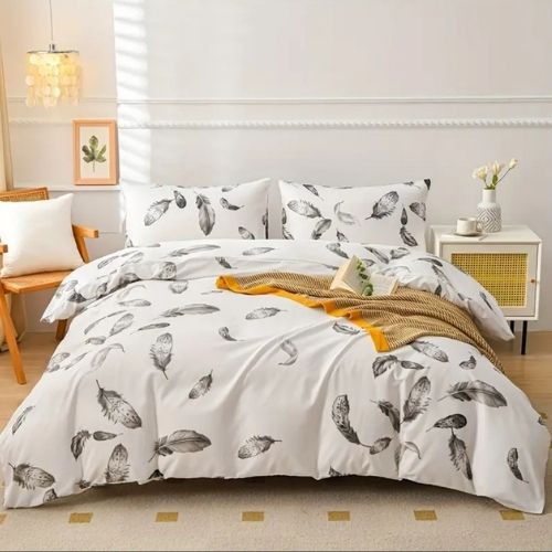 King size 6 piece duvet cover set, white bed linen with gray feathers. - BusDeals