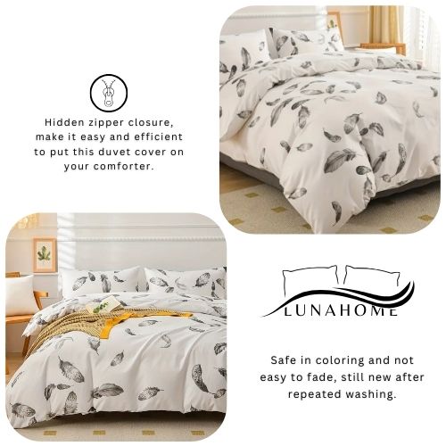 King size 6 piece duvet cover set, white bed linen with gray feathers. - BusDeals