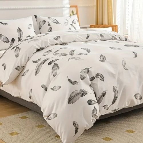 King size 6 piece duvet cover set, white bed linen with gray feathers. - BusDeals