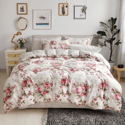King size 6 - piece duvet cover set with Burgundy roses, reversible style. - BusDeals
