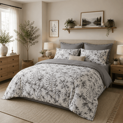 King size 6 piece duvet cover set with gray leaf pattern, very soft quality. - BusDeals