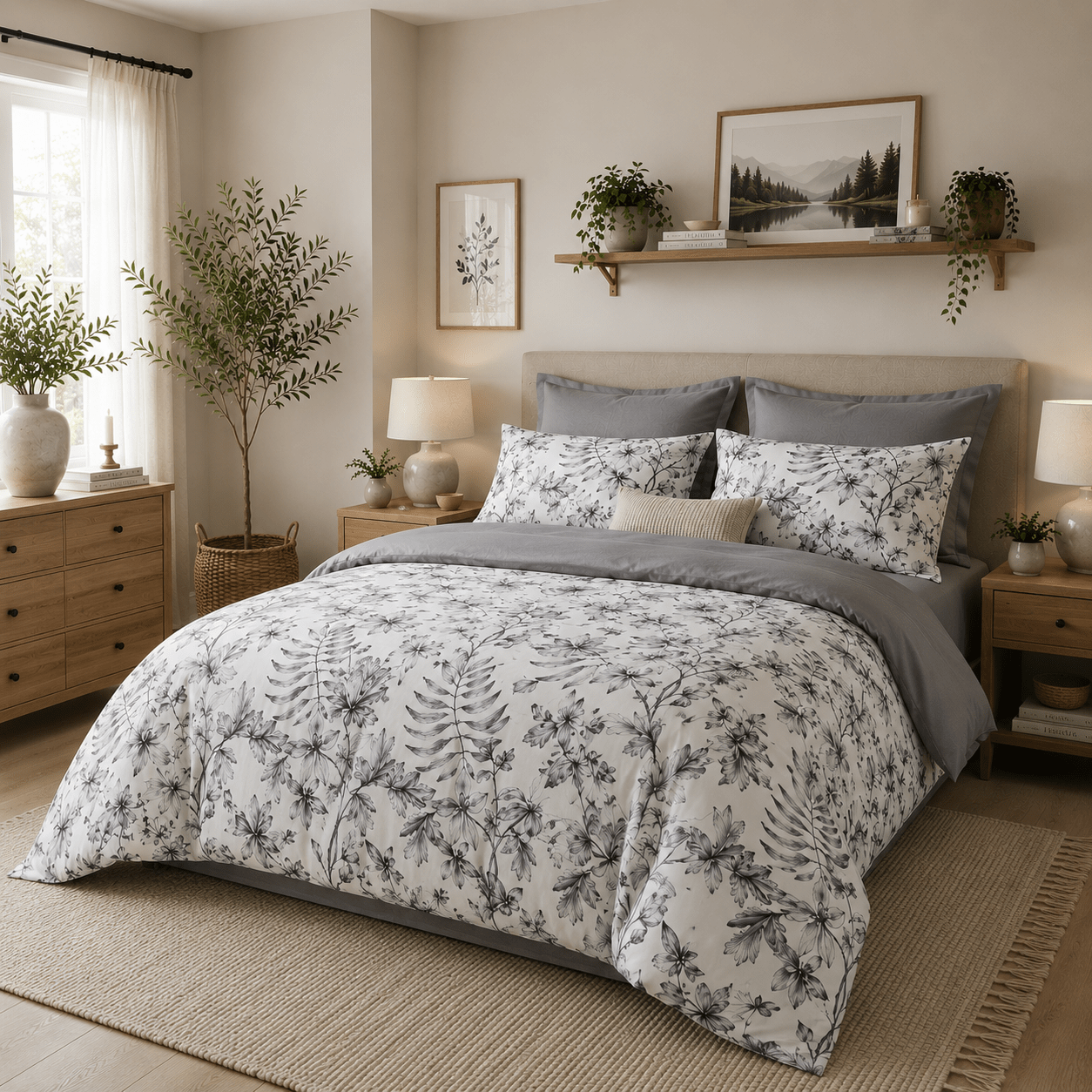 King size 6 piece duvet cover set with gray leaf pattern, very soft quality. - BusDeals