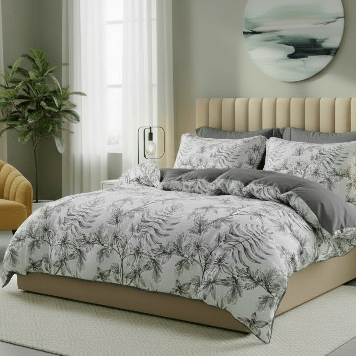 King size 6 piece duvet cover set with gray leaf pattern, very soft quality. - BusDeals