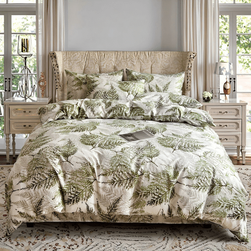 King size 6 - piece modern duvet cover set with green leaf pattern. - BusDeals