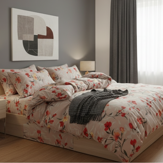 King size 6 - piece modern duvet cover set with orange floaral design. - BusDeals