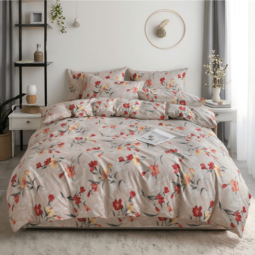 King size 6 - piece modern duvet cover set with orange floaral design. - BusDeals