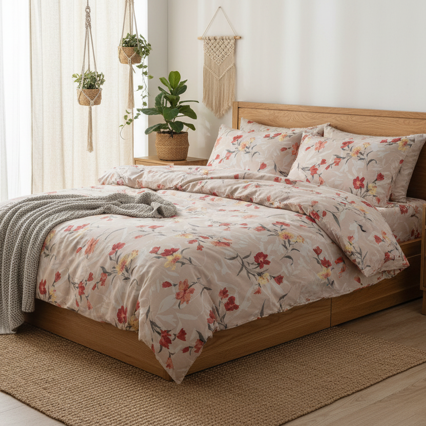 King size 6 - piece modern duvet cover set with orange floaral design. - BusDeals