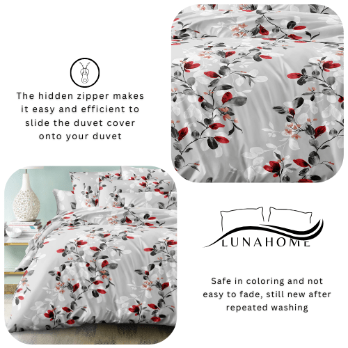 King size 6 - piece modern duvet cover set with red leaf pattern. - BusDeals
