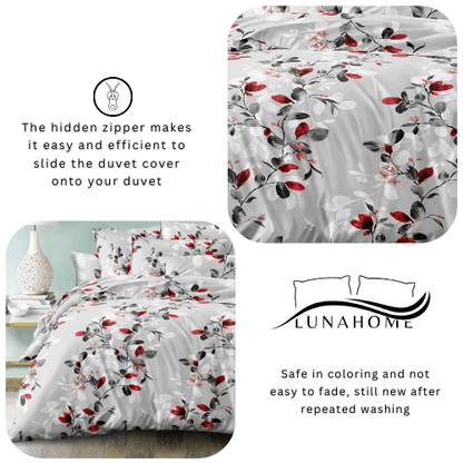 King size 6 - piece modern duvet cover set with red leaf pattern. - BusDeals