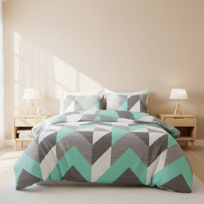 King size 6 pieces Bedding Set. Duvet cover without filler, Light Blue Geometric Pattern. - BusDeals
