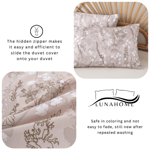 King size 6 pieces bedding set, featuring a beautiful beige color with white floral design. - BusDeals