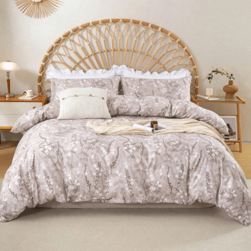 King size 6 pieces bedding set, featuring a beautiful beige color with white floral design. - BusDeals