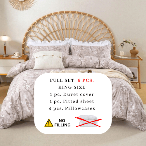 King size 6 pieces bedding set, featuring a beautiful beige color with white floral design. - BusDeals