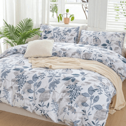 King size 6 pieces bedding set, grey and blue leaf floral pattern soft skin frendly duvet cover set. - BusDeals