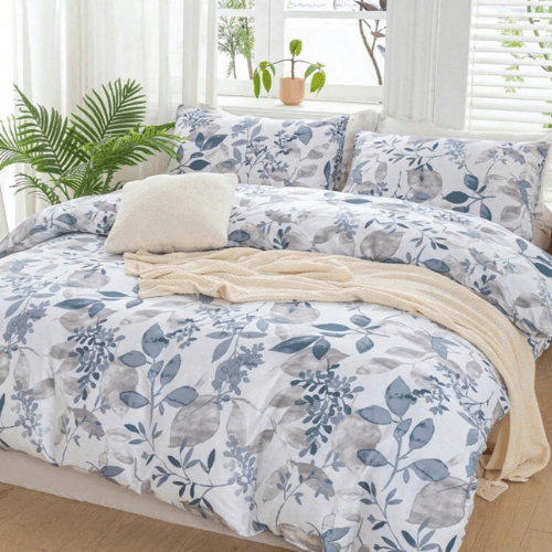 King size 6 pieces bedding set, grey and blue leaf floral pattern soft skin frendly duvet cover set. - BusDeals