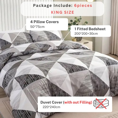 King Size 6 pieces bedding set , Simply geometric dark brown print. - BusDeals