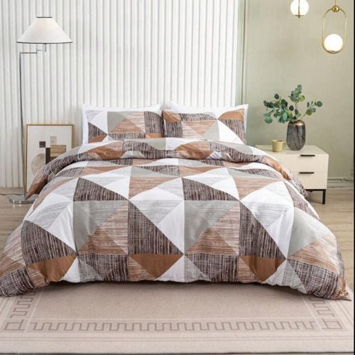 King Size 6 pieces bedding set, Simply geometric print, brown with grey. - BusDeals
