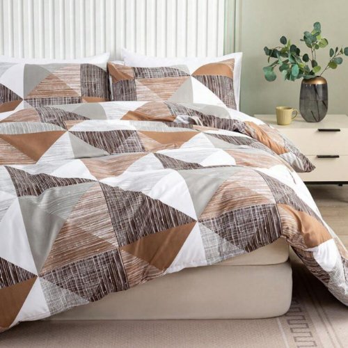 King Size 6 pieces bedding set , Simply geometric print, brown with grey. - BusDeals