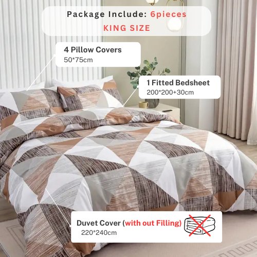 King Size 6 pieces bedding set , Simply geometric print, brown with grey. - BusDeals