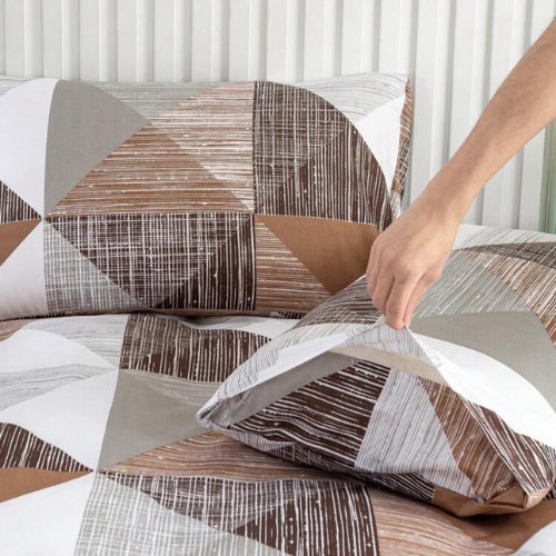 King Size 6 pieces bedding set , Simply geometric print, brown with grey. - BusDeals