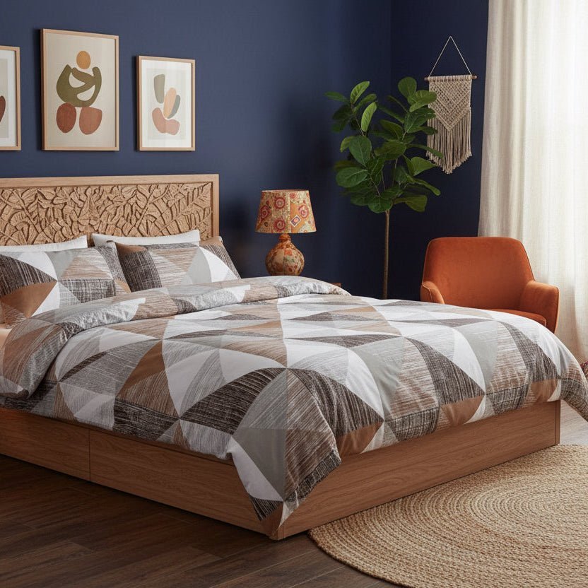 King Size 6 pieces bedding set, Simply geometric print, brown with grey. - BusDeals