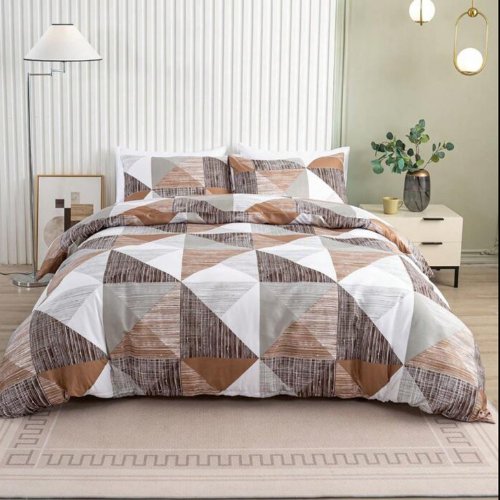 King Size 6 pieces bedding set , Simply geometric print, brown with grey. - BusDeals