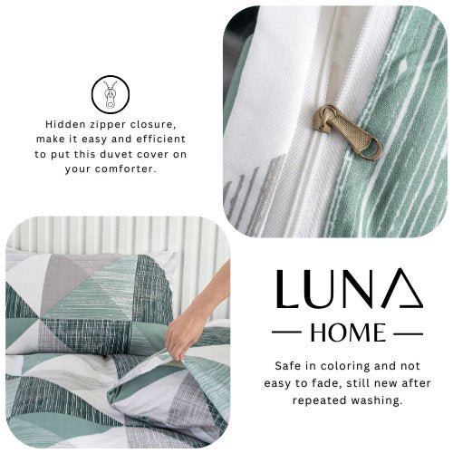 King size 6 pieces bedding set, Simply geometric print, green with grey. - BusDeals