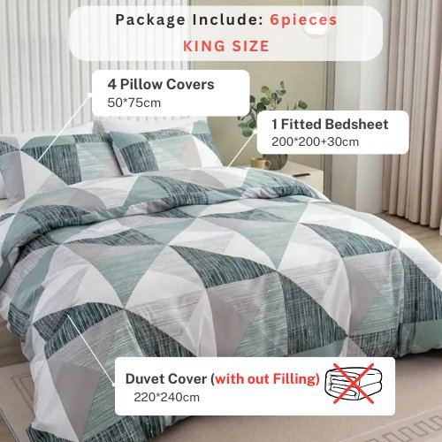 King Size 6 pieces bedding set , Simply geometric print, green with grey. - BusDeals