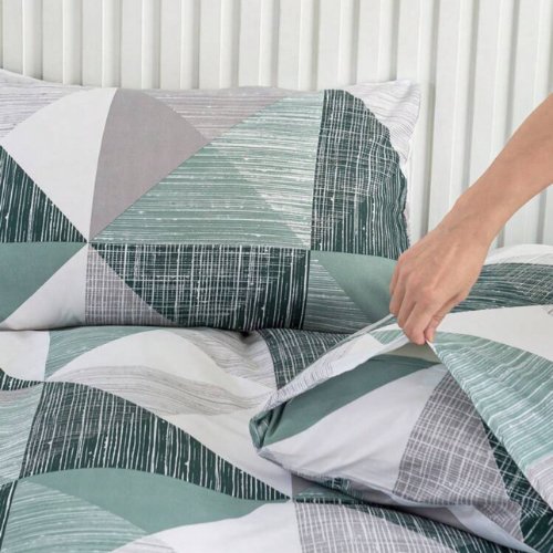 King Size 6 pieces bedding set , Simply geometric print, green with grey. - BusDeals