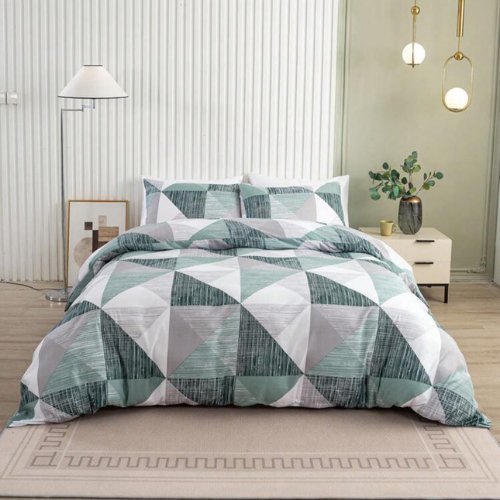 King Size 6 pieces bedding set , Simply geometric print, green with grey. - BusDeals