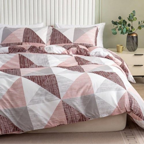 King Size 6 pieces bedding set , Simply geometric print, old rose with grey. - BusDeals