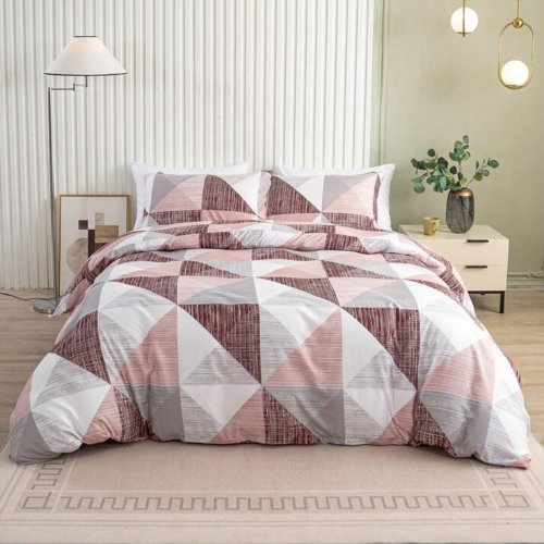 King Size 6 pieces bedding set , Simply geometric print, old rose with grey. - BusDeals