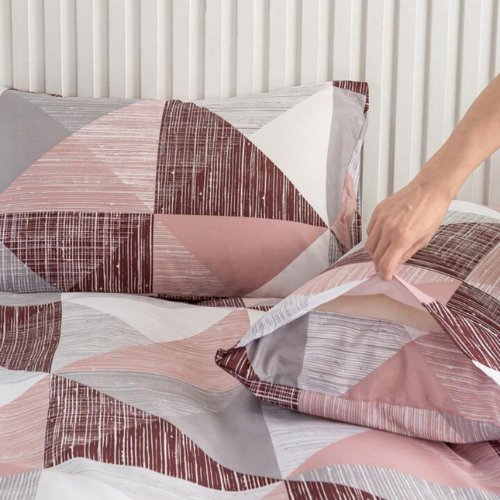 King Size 6 pieces bedding set , Simply geometric print, old rose with grey. - BusDeals