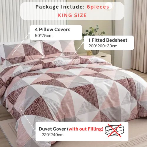 King Size 6 pieces bedding set , Simply geometric print, old rose with grey. - BusDeals