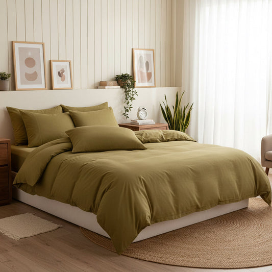 King size 6 Pieces bedding Set, Washable Cotton Khaki Color. - BusDeals