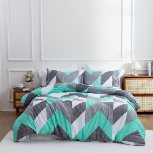 King size 6 pieces Bedding Set without filler, Light Blue Geometric Design - BusDeals