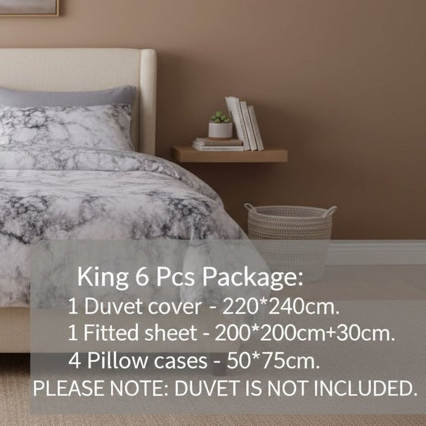 King size 6 pieces Bedding Set without filler, Marble Design Grey Color - BusDeals