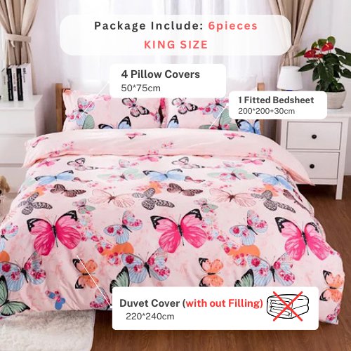 King size 6 pieces Bedding set Without Filler, Pink Butterfly design. - BusDeals