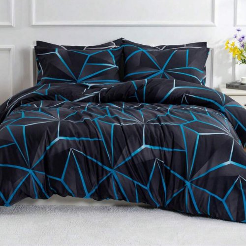 King Size 6 pieces, Black with Blue Geometric Design Duvet cover set. - BusDeals