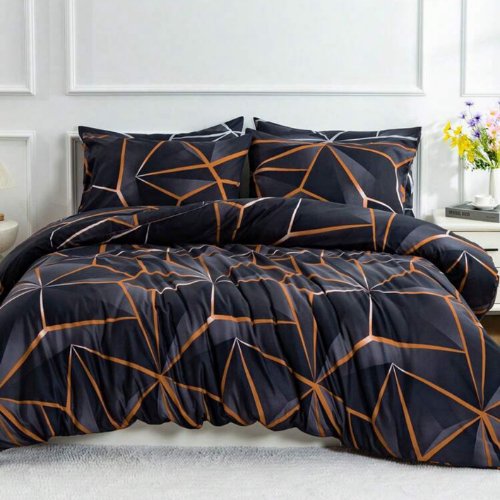 King Size 6 pieces, Black with Brown Geometric Design Duvet cover set. - BusDeals