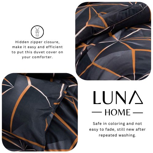 King Size 6 pieces, Black with Brown Geometric Design Duvet cover set. - BusDeals