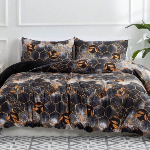 King size 6 pieces, Black with Gold Marble Design Duvet Cover set. - BusDeals